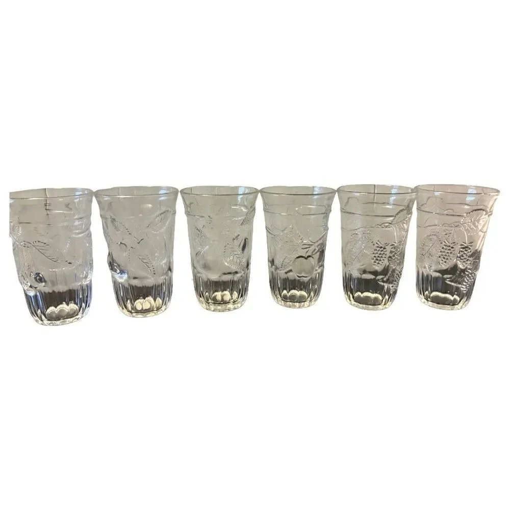 Vintage Williams Sonoma Pressed Fruit Clear Glass Drinking Glasses Set of 6